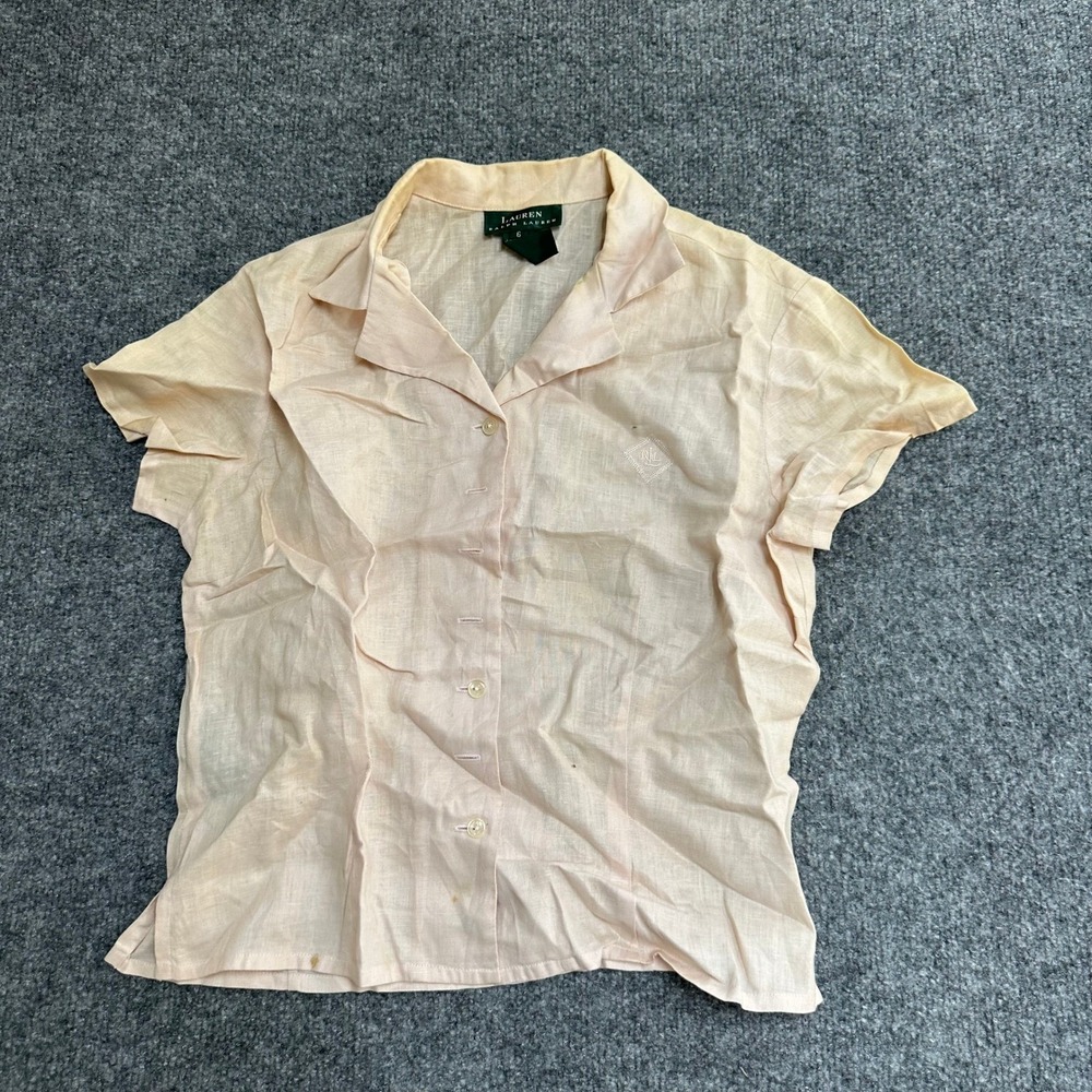 Lauren Ralph Lauren Shirt Womens Size 6 Peach Linen Short Sleeve Button Up Stain